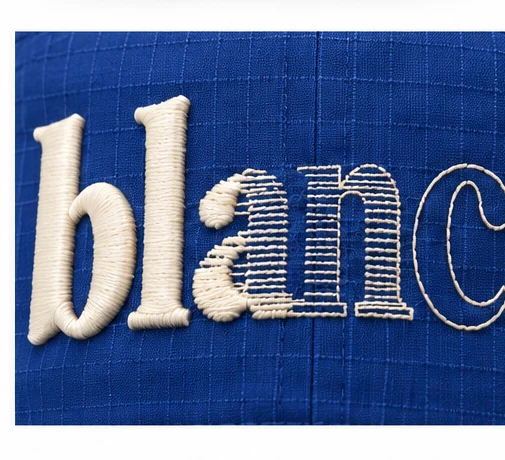 Cream embroidery on cobalt ripstop